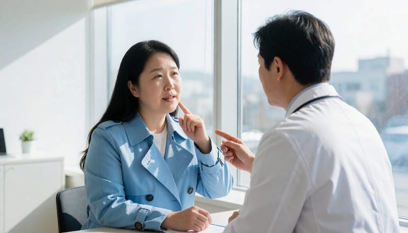 진료실에서 낭종의 위치와 변화 시점을 확인하는 모습