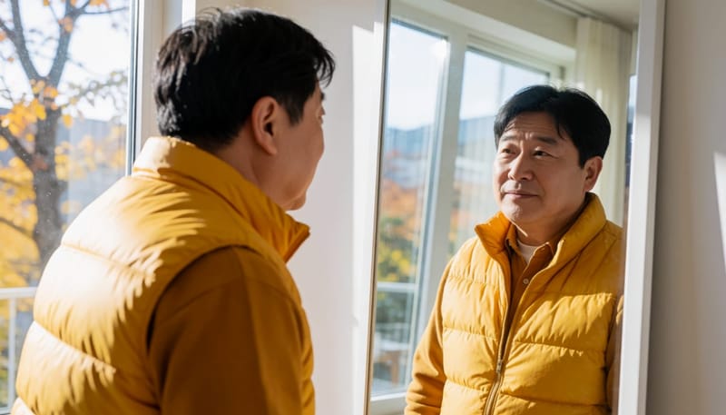 저녁 시간 거울 앞에서 낭종의 변화를 확인하는 모습