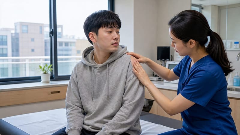 어깨 부위 낭종 상태를 확인하는 모습