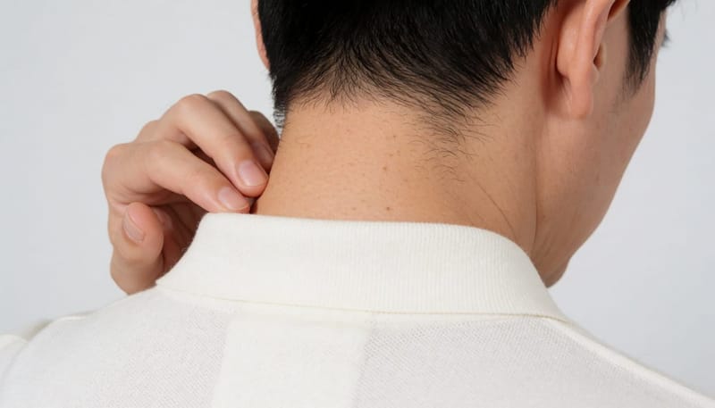 목덜미에 만져지는 혹 주변이 붉어지는 변화를 확인하는 모습