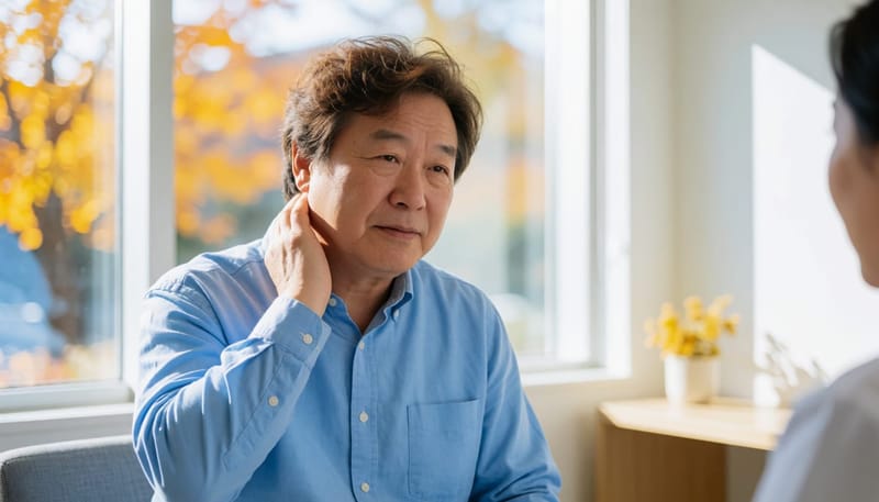 환절기 옷깃에 눌린 목 부위를 살피는 모습