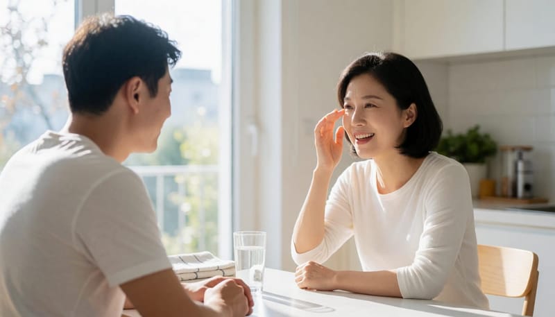 아침 햇살 아래 눈을 꼭 감고 눈가를 손으로 누르는 여성