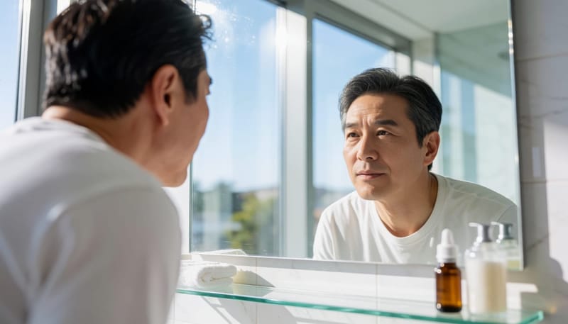 욕실 거울 앞에서 손가락으로 눈꺼풀을 내려 눈 상태를 살피는 남성