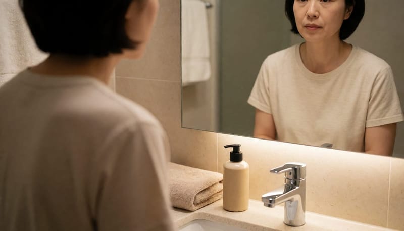 거울 앞에서 피부 상태를 살피며 걱정스러운 표정을 짓는 여성