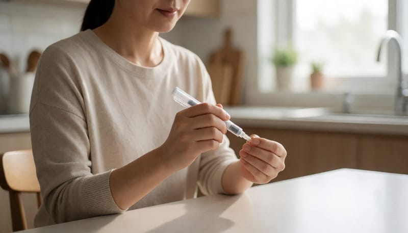 아침 식탁에서 자가주사 준비하는 손