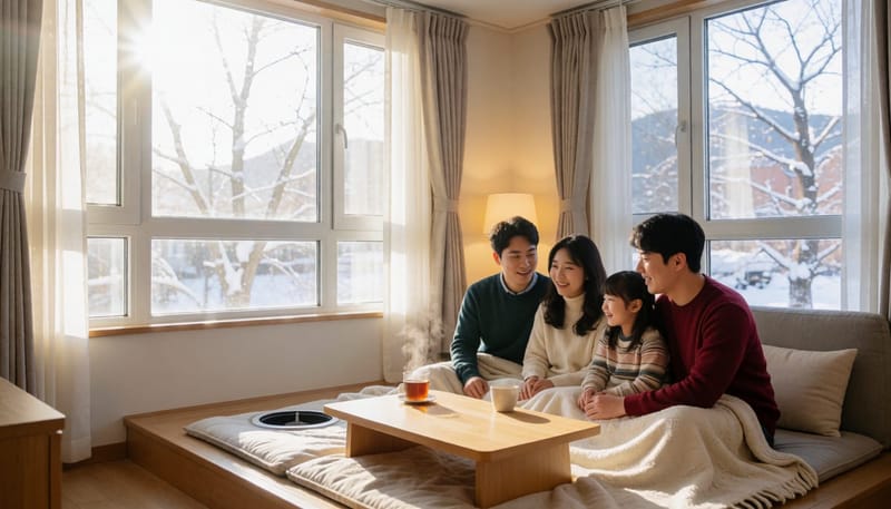 겨울철 창문을 닫고 온돌방에서 함께 시간을 보내는 가족