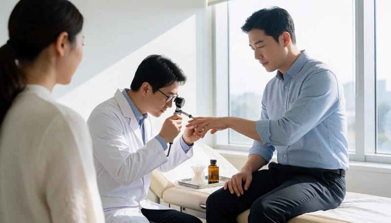피부과에서 손을 진료받고 있는 환자와 의사