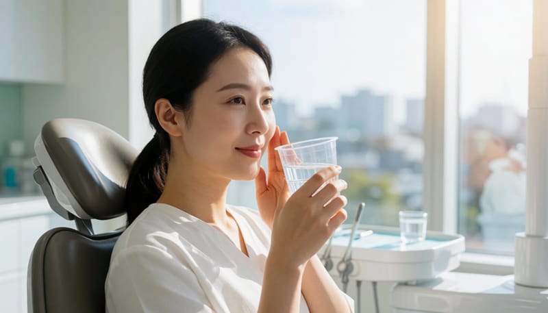스케일링 후 찬물을 마시다 이가 시려 뺨을 만지는 여성