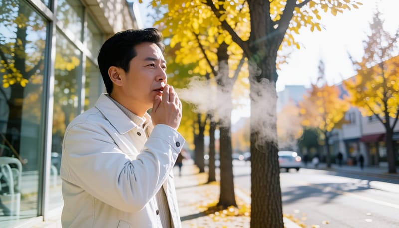 건조하고 찬 환절기 공기 속에서 입 주변을 만지는 남성