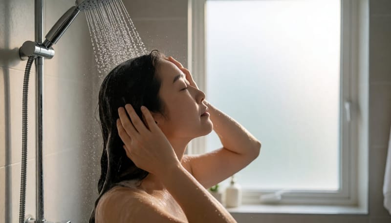 두피를 손끝으로 부드럽게 마사지하며 샴푸하는 여성