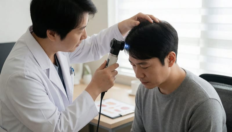 피부과 의사가 두피 확대경으로 뾰루지 유형을 진찰하는 모습