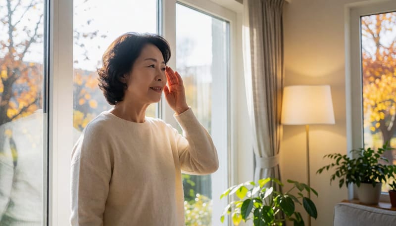 환절기 창가에서 조명 변화 속 눈을 만지는 여성