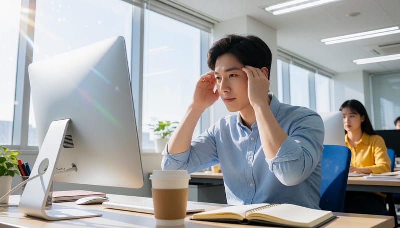 모니터 앞에서 목과 눈의 피로를 함께 느끼는 직장인