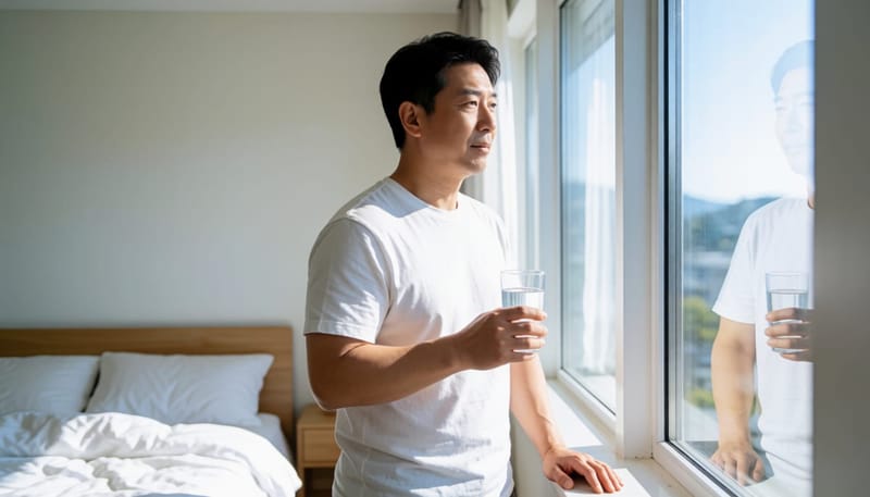 아침 창가에서 물을 마시며 먼 곳을 바라보는 남성