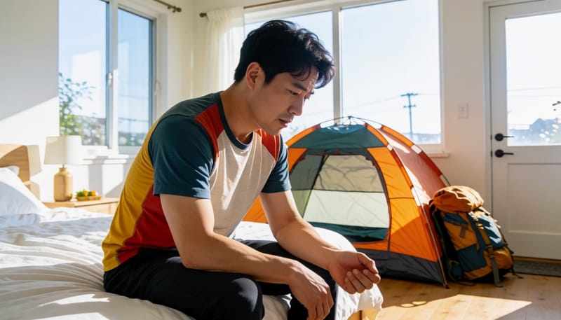캠핑 후 집에서 팔에 생긴 물린 자국을 살펴보는 남성