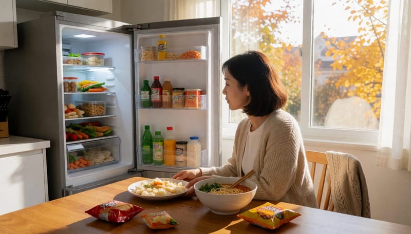 가을 오후 냉장고 앞에서 간식을 찾는 여성의 모습