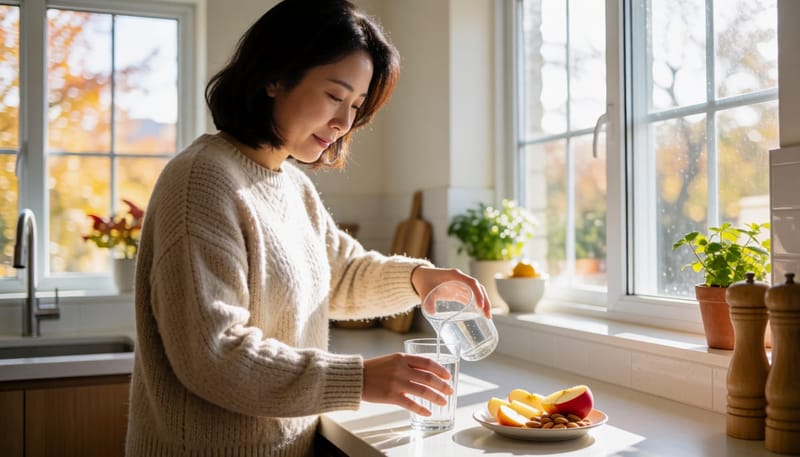 아침 햇살이 드는 주방에서 물과 사과, 아몬드를 준비하는 여성