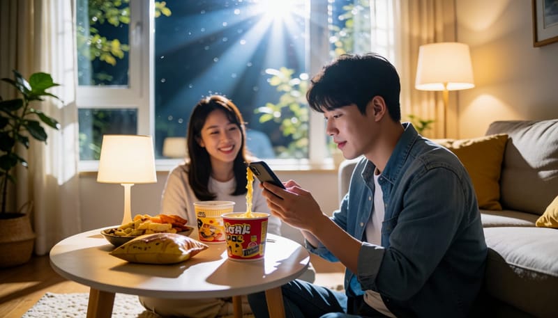 밤늦게 라면과 간식을 먹으며 스마트폰을 보는 20대 남성