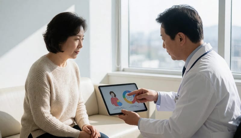 진료실에서 의사와 상담하는 40대 여성
