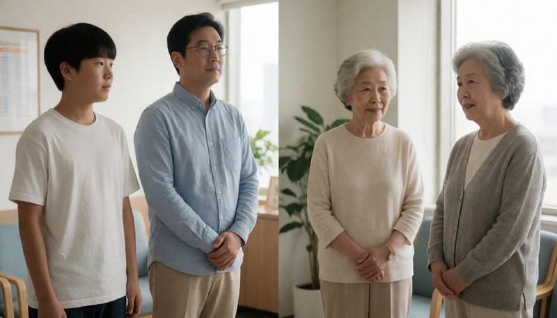 세대별로 병원 대기실에 앉아 있는 사람들