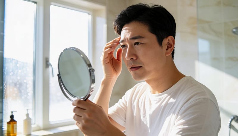 비듬에서 탈모 등 다른 증상으로 번지는 모습을 걱정하는 장면