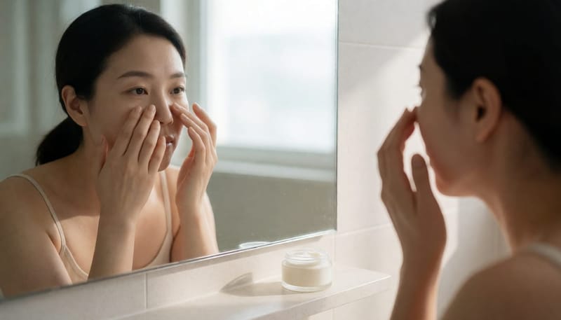거울 앞에서 미간과 콧볼의 붉은기를 만지며 갸우뚱하는 여성