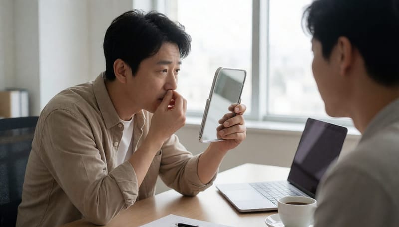 여드름과 다른 피부 변화를 손거울로 비교해보는 남성