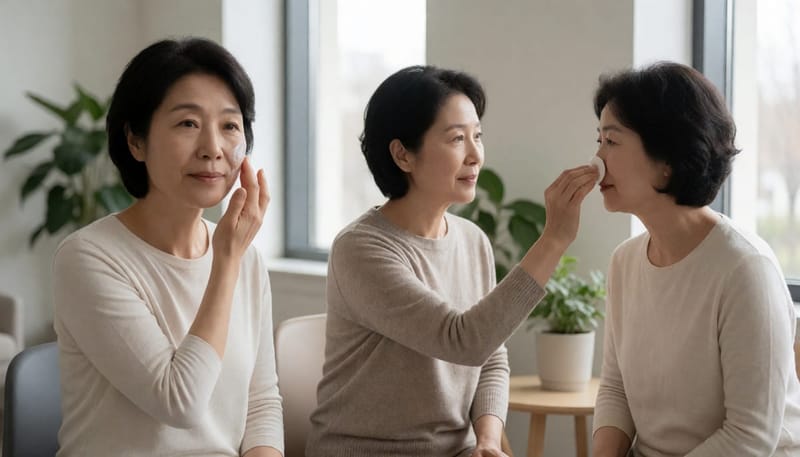 병원 대기실에서 보습만 하는 사람과 병변 관리를 함께 하는 사람을 나란히 보여주는 장면