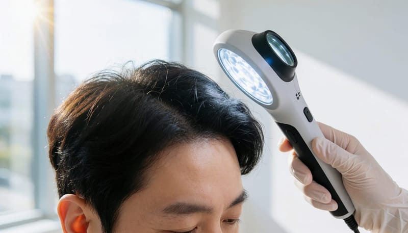 비듬과 구별되는 두피 상태를 확대경으로 관찰하는 장면