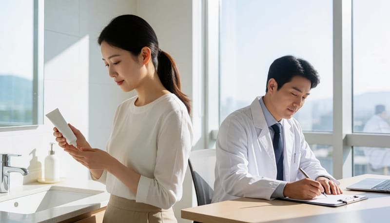 가벼운 연고 관리와 병원 진료 두 가지 상황을 한 장면에 담은 모습