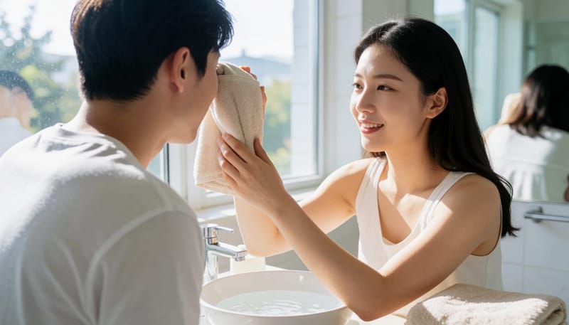 눈썹 부위에 차가운 수건을 대고 붓기를 가라앉히는 여성의 모습