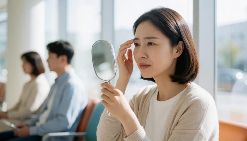 병원 대기실에서 손거울로 자신의 눈 주변 상태를 살피는 여성