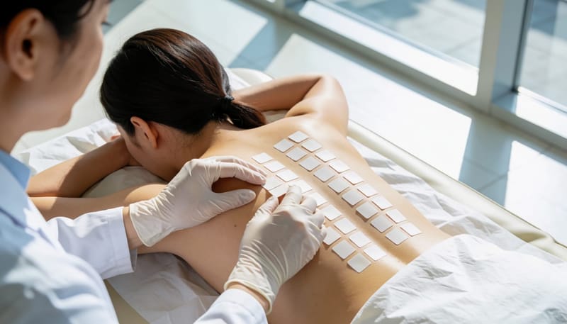 의료진이 환자의 등에 첩포검사용 패치를 붙이고 있는 장면