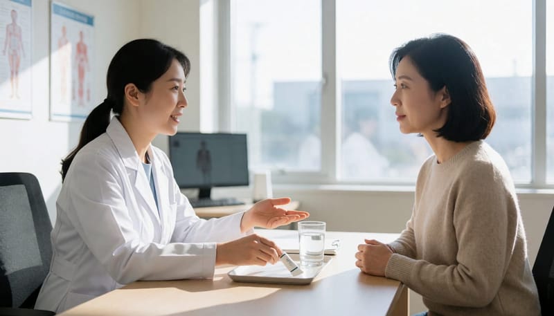 의사가 환자에게 상황에 맞는 대처 방법을 설명하는 상담 장면
