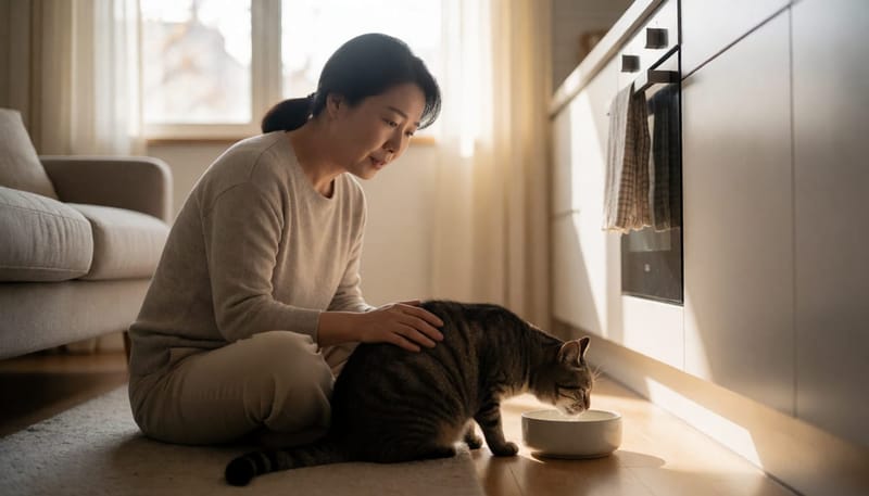 물을 많이 마시는 노령 고양이를 유심히 지켜보는 보호자