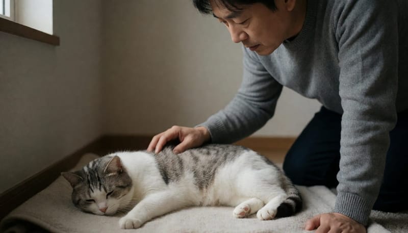 기력이 없고 식욕이 줄어든 노령 고양이를 살피는 보호자