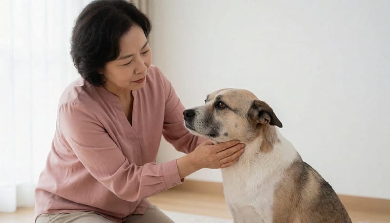 보호자가 노령견의 탈수 상태를 확인하는 모습