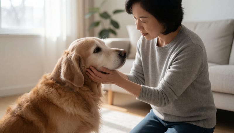 거실에서 노견의 얼굴을 살펴보는 보호자