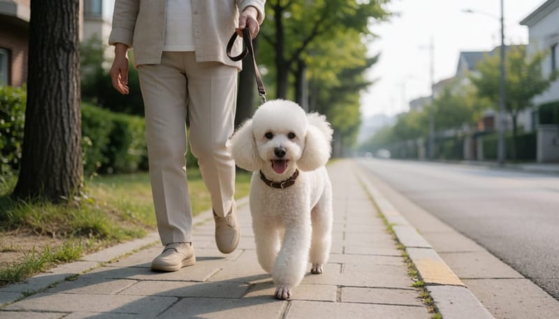 산책 중인 노견의 걸음걸이를 낮은 각도에서 담은 모습