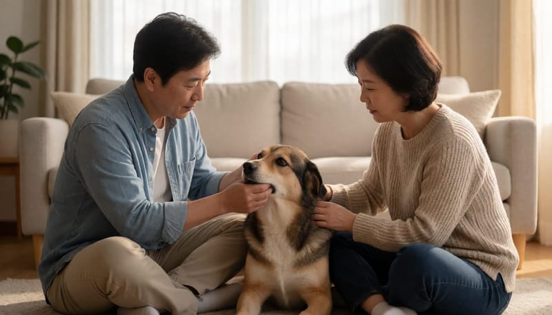 가족이 함께 노견의 건강을 살펴보는 모습