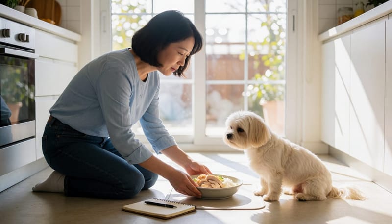 저녁 시간 저지방 식단을 챙기고 식단 기록 노트를 준비하는 보호자와 몰티즈
