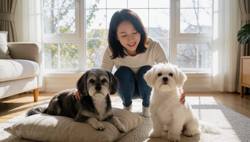 열두 살과 세 살 몰티즈의 서로 다른 모습을 비교하며 살펴보는 보호자