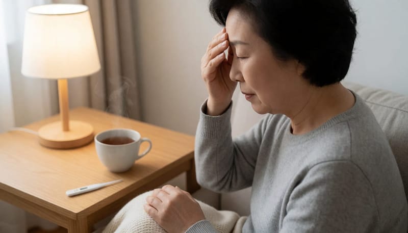 가정에서 어르신이 손등으로 이마 열감을 확인하며 몸 상태를 살피는 모습