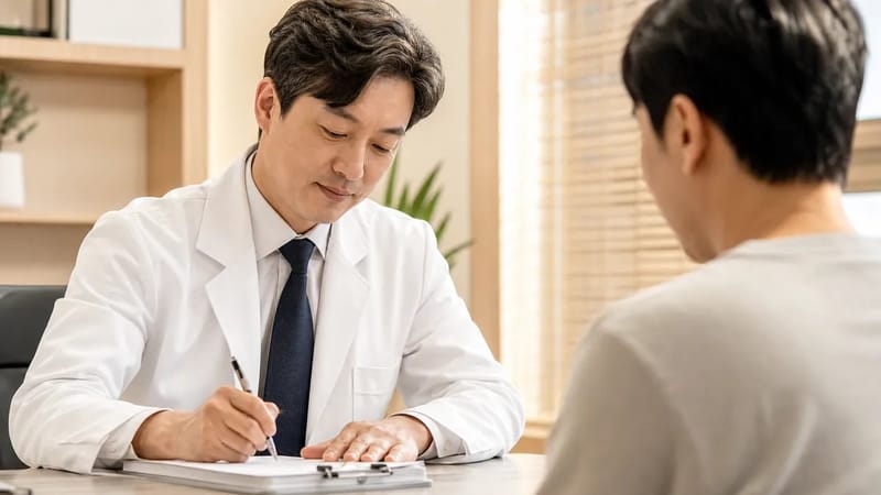 원장이 환자의 이야기를 주의 깊게 듣고 기록하는 진료 장면입니다.