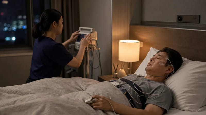 수면 관련 검사가 이뤄지는 편안한 검사실 내부를 보여줍니다.