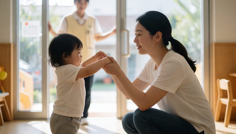 어린이집 입구에서 엄마 손을 놓지 않으려 우는 아이