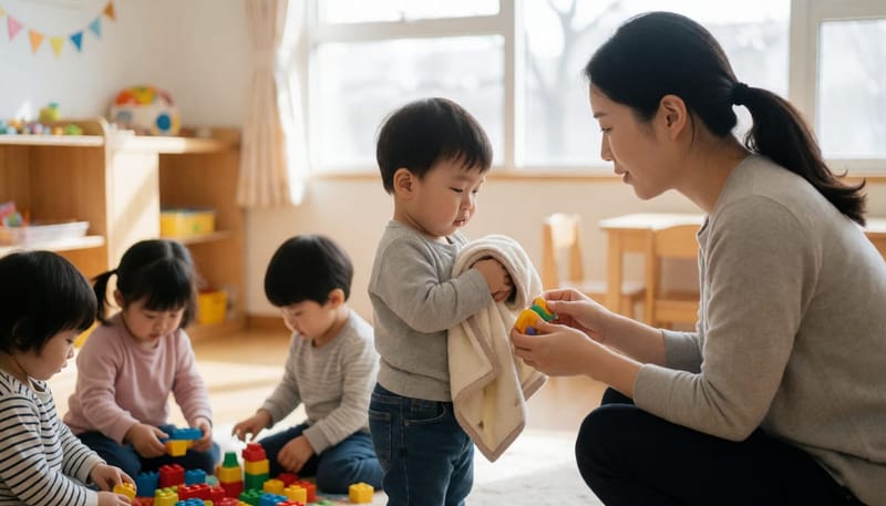 또래보다 유독 적응을 힘들어하는 아이가 혼자 서 있는 모습