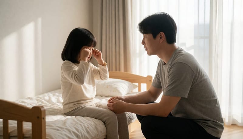 등원 전 아이의 상태를 살피는 아빠의 모습