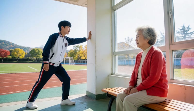 젊은 남학생과 고령 여성이 각각 다른 장소에서 다리를 관리하는 모습