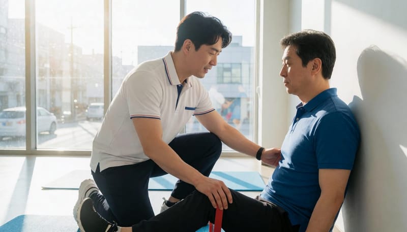 물리치료사가 환자의 종아리 스트레칭을 돕는 모습